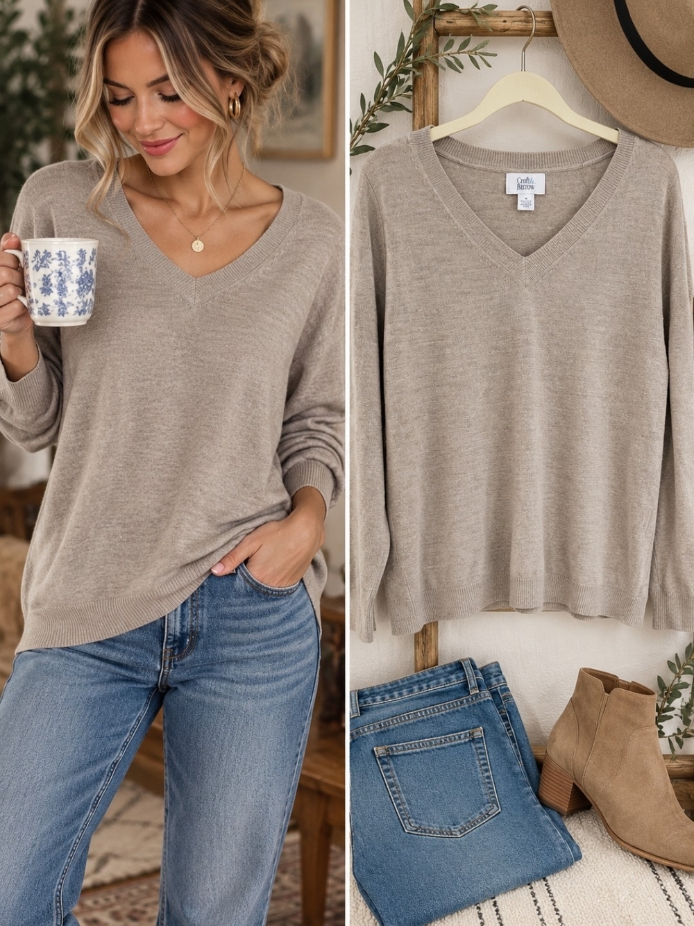 Croft & Barrow Soft Taupe V Neck Sweater Long Sleeve Classic M Fall